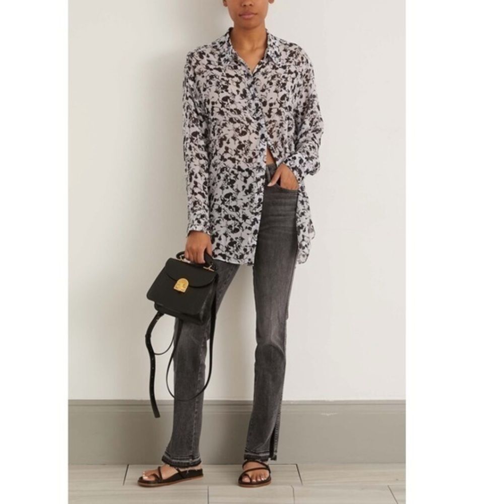 Dorothee Schumacher NWT Women's Size XL Light Blue Black Flowers Floral Blouse